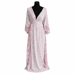 Aakaa Floral V-Neck Boho Kimono Kaftan Dress - Red and White